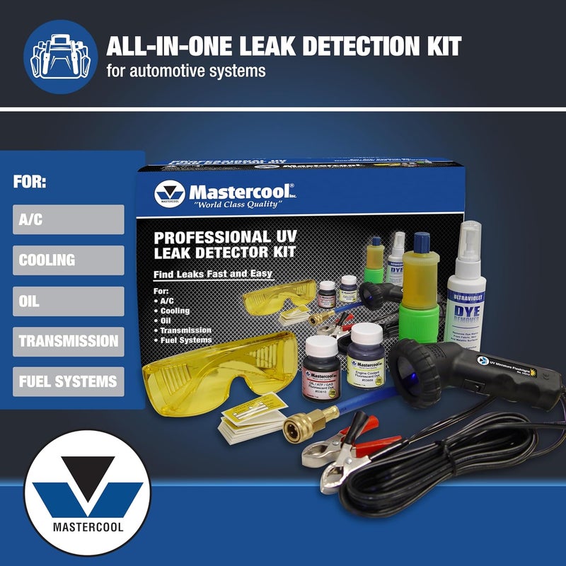 MASTERCOOL 53351 Professional UV Leak Detection Kit – 12V High-Intensity Light – Detects A/C, Coolant, Fuel, Oil, ATF Leaks – Includes Universal Dyes, Glasses, R134a & R12 Compatible - Image 2